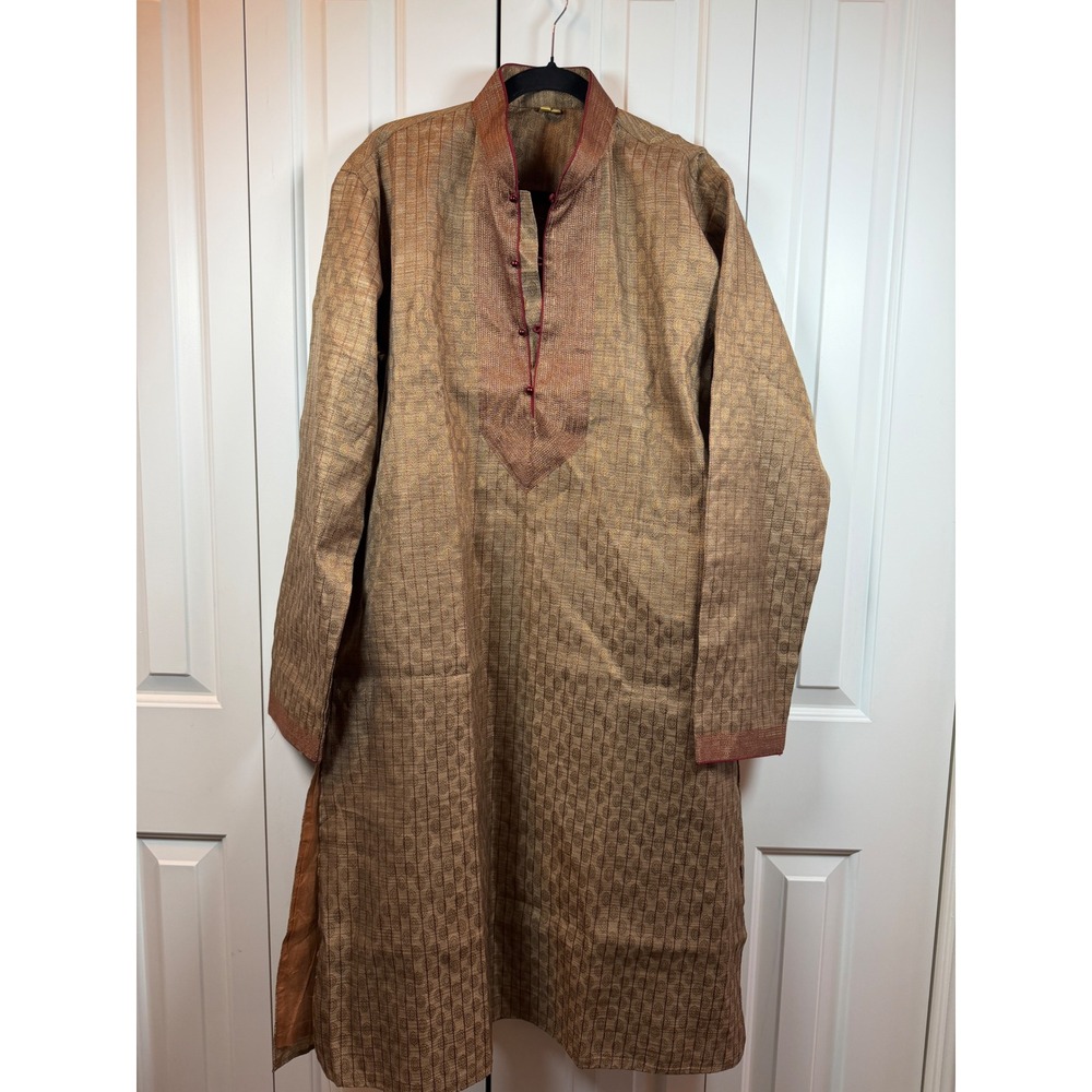 Mens Gold Bronze Jacquard Kurta Sherwani Indian Wedding Formal Tunic Size 42 - Picture 3 of 6
